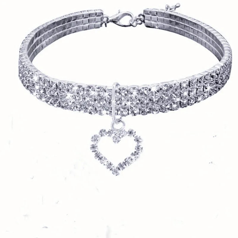 Elegant Rhinestone Pet Collar with Heart Pendant – Adjustable Jeweled Dog & Cat Necklace