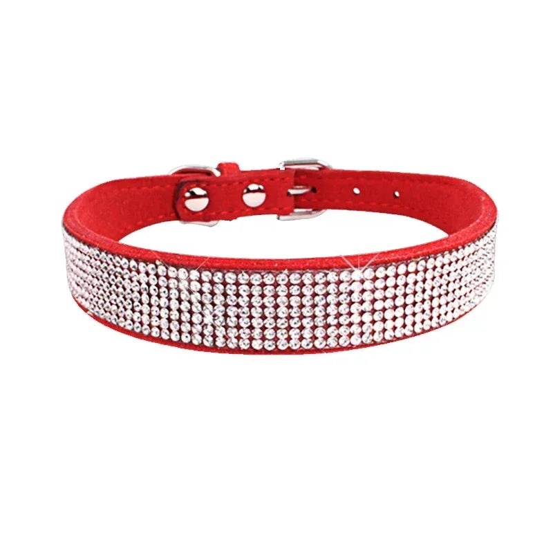 Suede Fiber Crystal Dog Collar - Rhinestone Jeweled Adjustable Collar for Small Dogs & Cats
