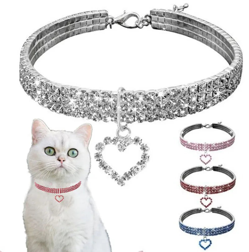 Elegant Rhinestone Pet Collar with Heart Pendant – Adjustable Jeweled Dog & Cat Necklace