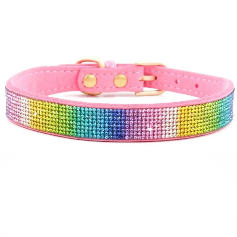 Suede Fiber Crystal Dog Collar - Rhinestone Jeweled Adjustable Collar for Small Dogs & Cats