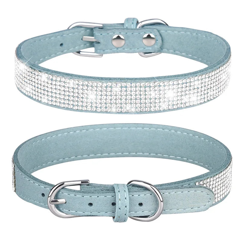 Suede Fiber Crystal Dog Collar - Rhinestone Jeweled Adjustable Collar for Small Dogs & Cats