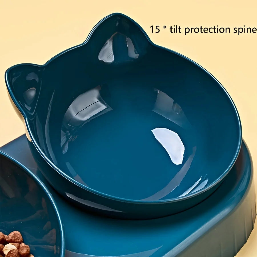 3-in-1 Tilted Cat Bowl Set with Gravity Water Feeder – Neck-Friendly Elevated Design
