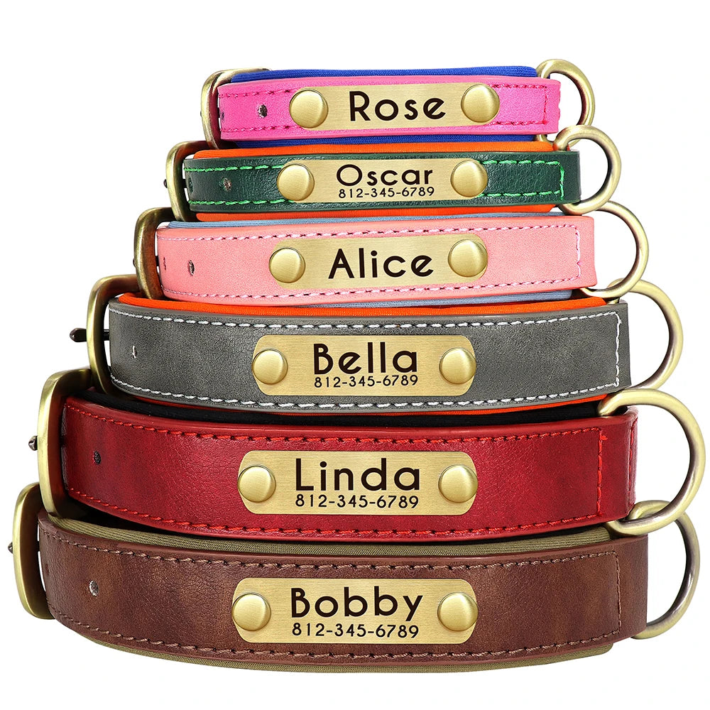 Customized Leather ID Nameplate Dog Collar Soft Padded Dogs Collars Free Engraving Name for Small Medium Large Dogs Adjustable Ditzy Petunia