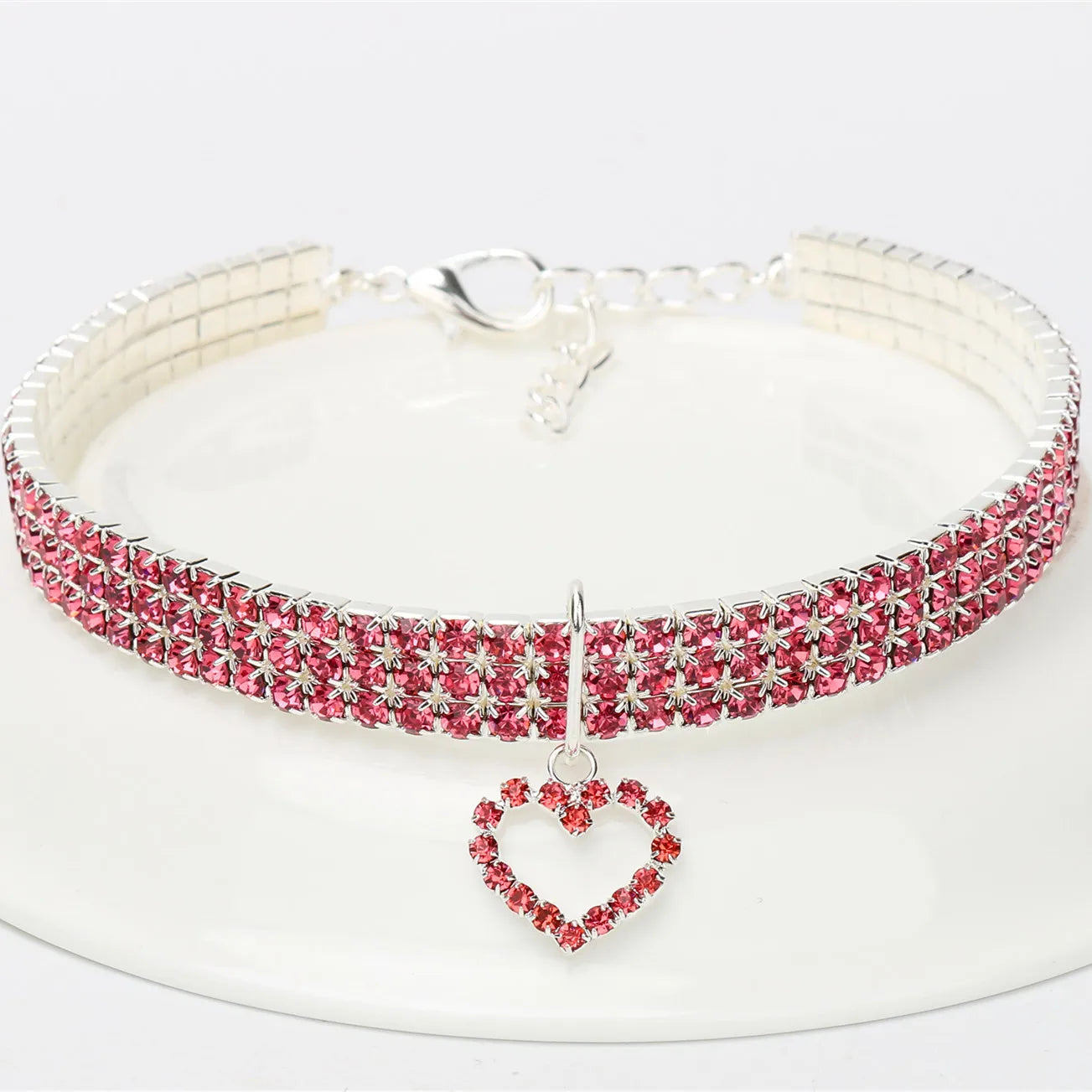 Elegant Rhinestone Pet Collar with Heart Pendant – Adjustable Jeweled Dog & Cat Necklace
