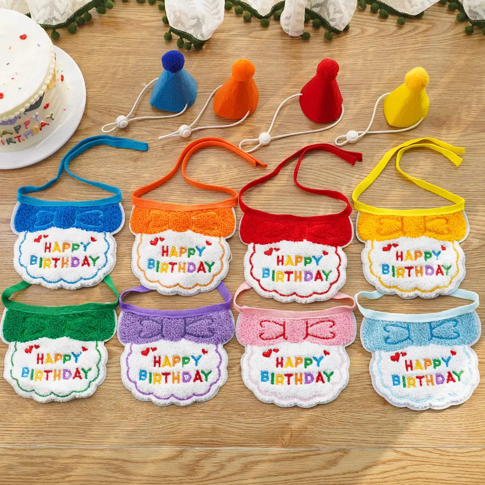 Pet Birthday Hat & Scarf Set – Adjustable Cat/Dog Birthday Supplies with Mini Saliva Towel