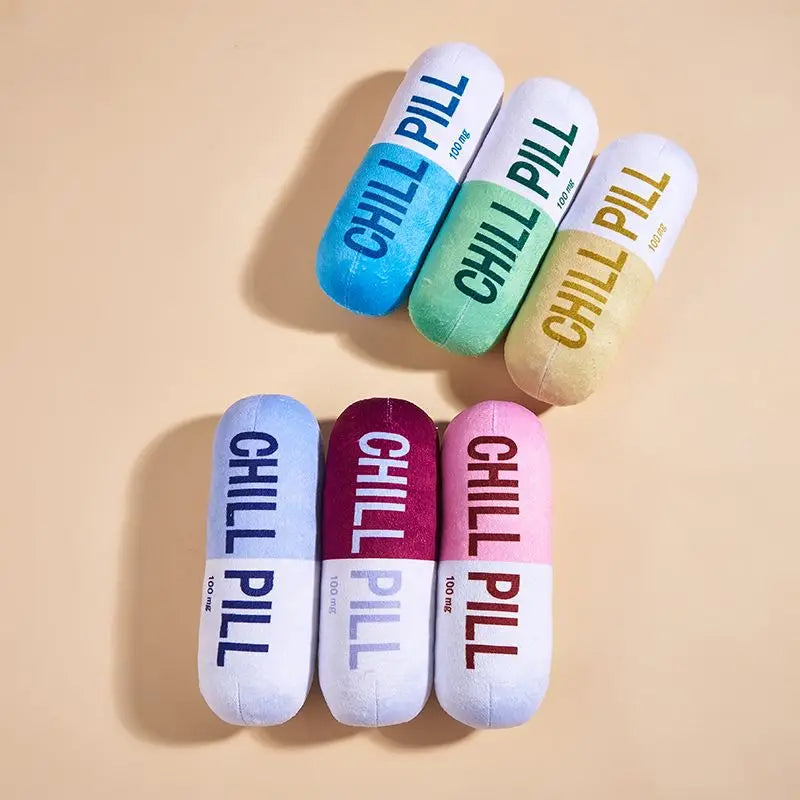 Vocal Pet Plush Toy - Chill Pill Capsule Shape, Bite Resistant Fabric, Built-in BB Vocal Sound