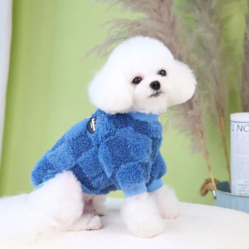 Plaid Winter Warm Dog Clothes – Soft Plush Sweater for Small Dogs & Cats