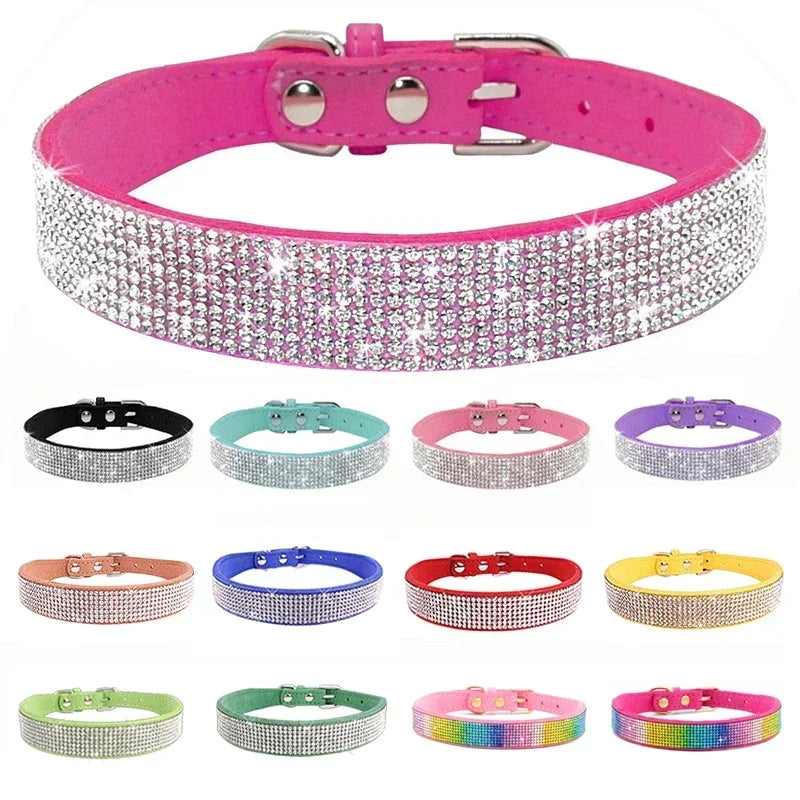 Suede Fiber Crystal Dog Collar - Rhinestone Jeweled Adjustable Collar for Small Dogs & Cats
