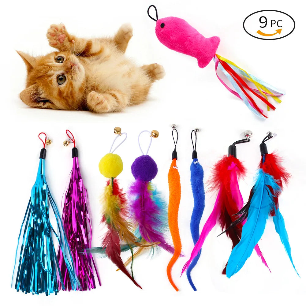 9-Pack Interactive Cat Toys – Colorful Feather Replacement Set with Tassel Fishing Rod