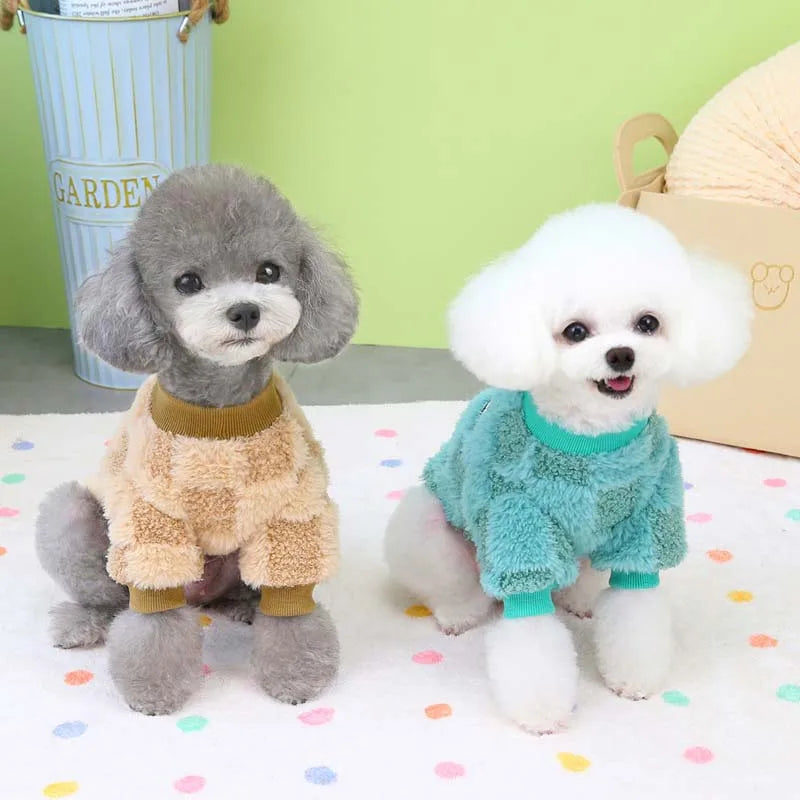 Plaid Winter Warm Dog Clothes – Soft Plush Sweater for Small Dogs & Cats