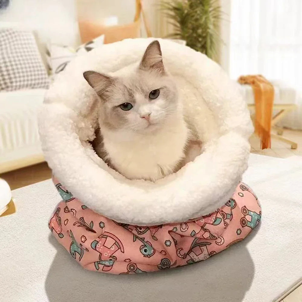 Plush cat sleeping bag, cozy cat bed with lamb wool, sleeping bag-style cat nest, quilted cat nest for large cats, warm cat bed for winter, cartoon-printed cat sleeping bag, moisture-proof cat bed, pink and blue cat bed, washable cat nest, comfortable beds for cats.