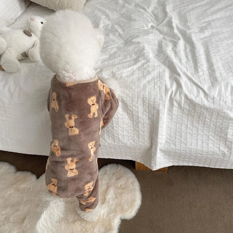 Warm Fleece Pet Jumpsuit – Cute Bear Print Pajamas for Small & Medium Dogs