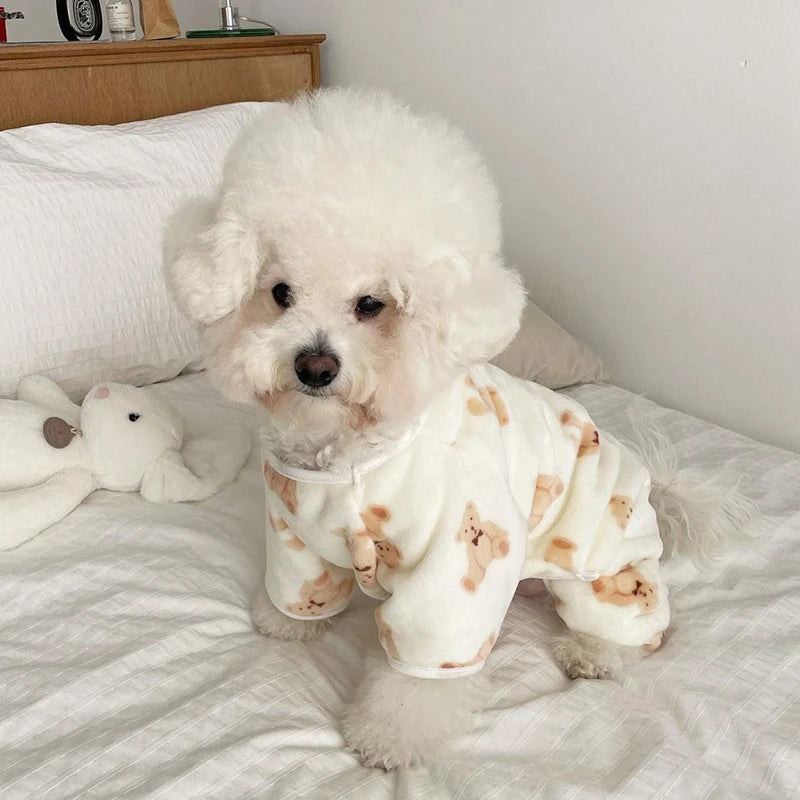 Warm Fleece Pet Jumpsuit – Cute Bear Print Pajamas for Small & Medium Dogs