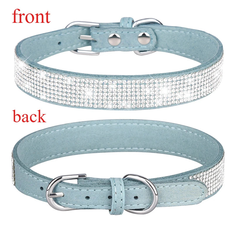 Suede Fiber Crystal Dog Collar - Rhinestone Jeweled Adjustable Collar for Small Dogs & Cats