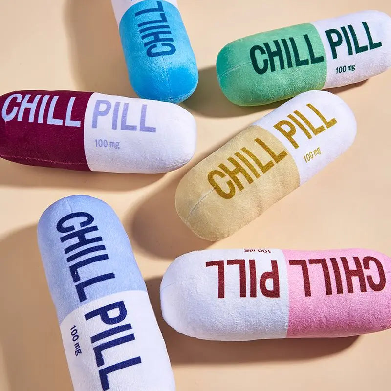 Vocal Pet Plush Toy - Chill Pill Capsule Shape, Bite Resistant Fabric, Built-in BB Vocal Sound