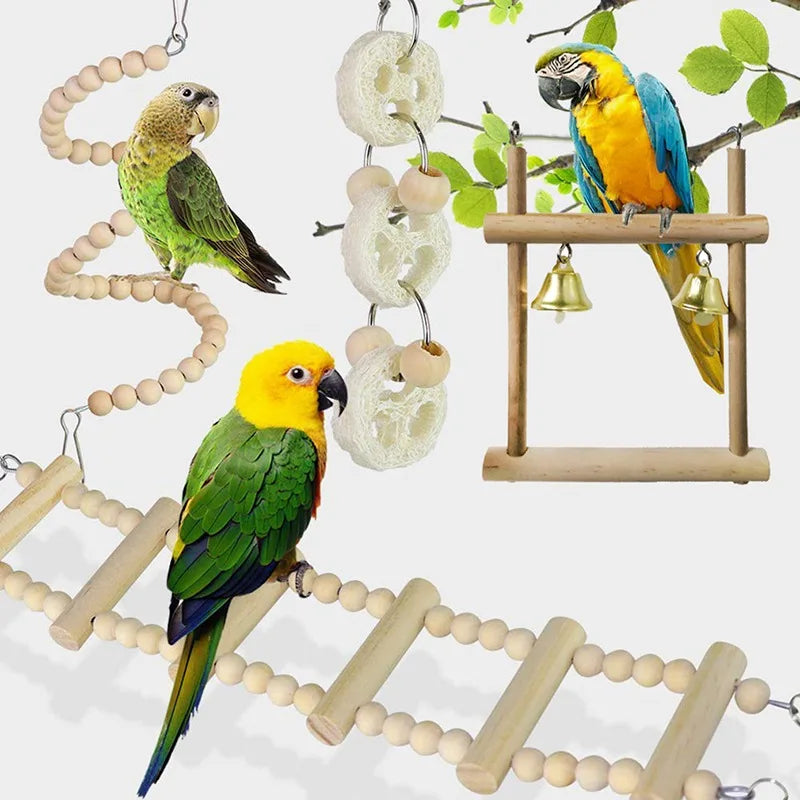 8PCS Natural Wooden Bird Toys – Swing, Perch, Bridge & More