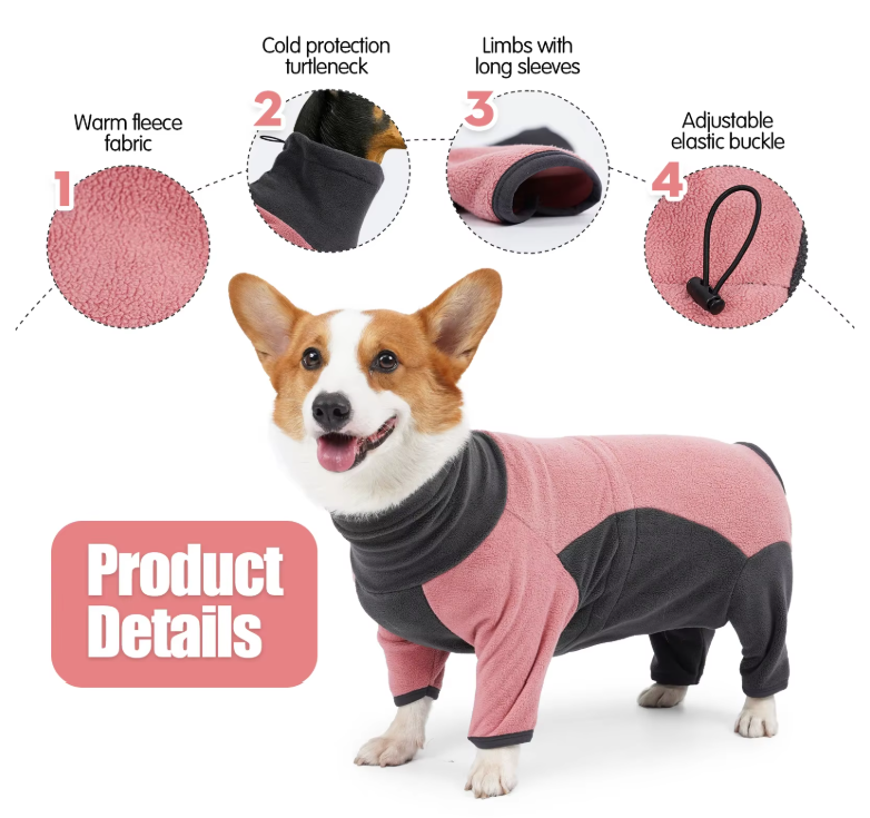 Windproof Dog Pullover Bodysuit - Adjustable Fleece Coat for Medium & Large Dogs - Easy Wear with Elastic Cuffs