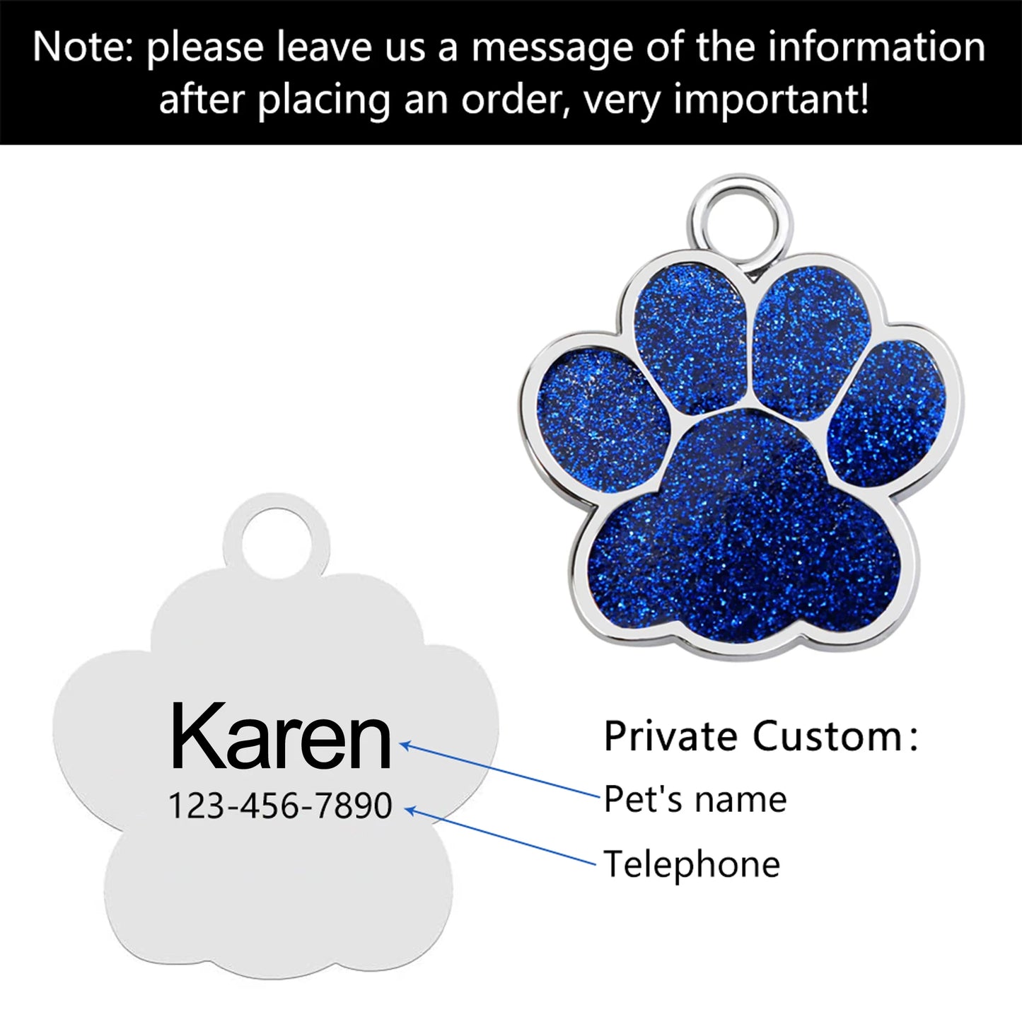 Custom Engraved Paw-Shaped Pet ID Tag โ Reflective Glitter Name Tags for Dogs & Cats