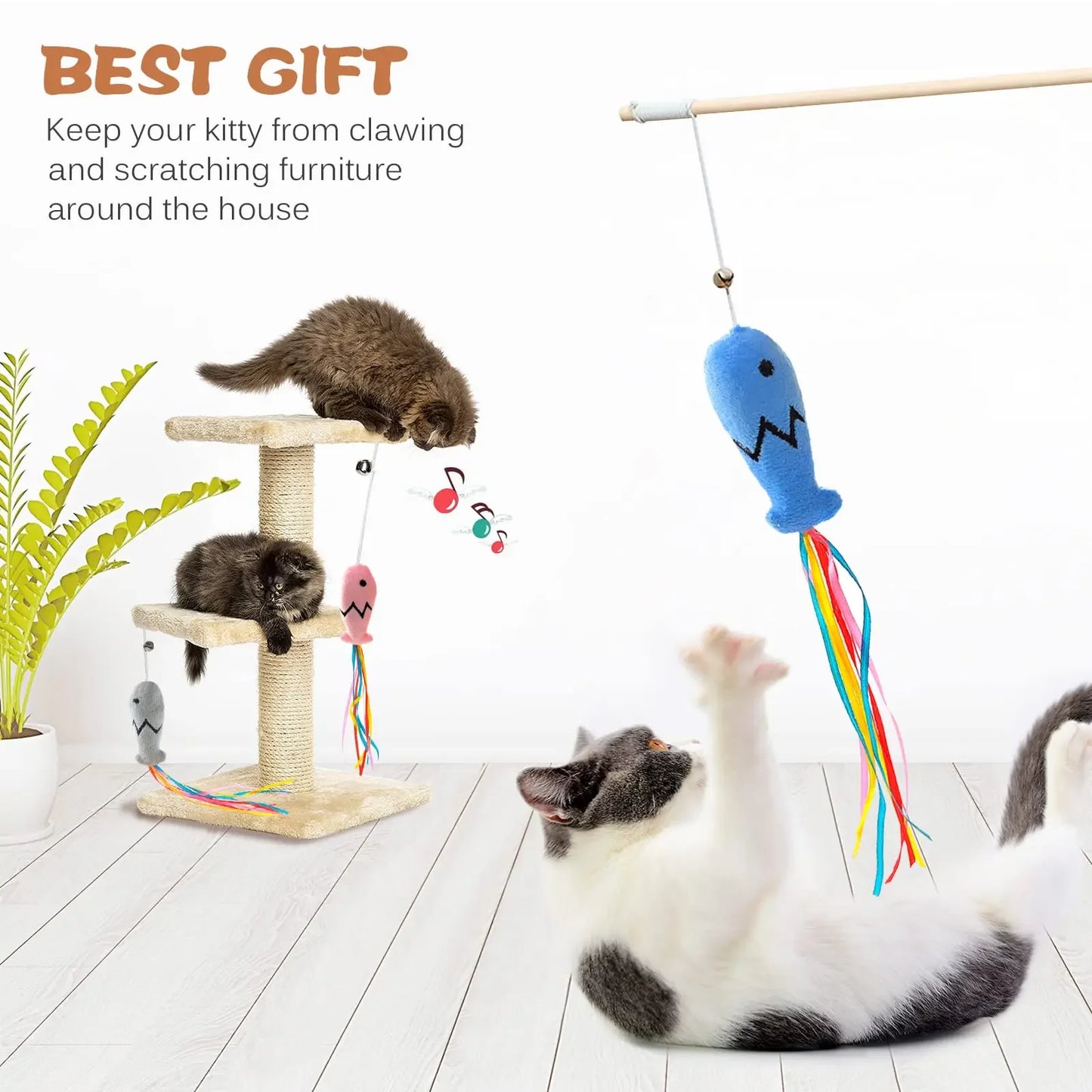 Cat Wand Toy with Ribbons, Catnip & Bells | Interactive Cat Teaser for Indoor Cats