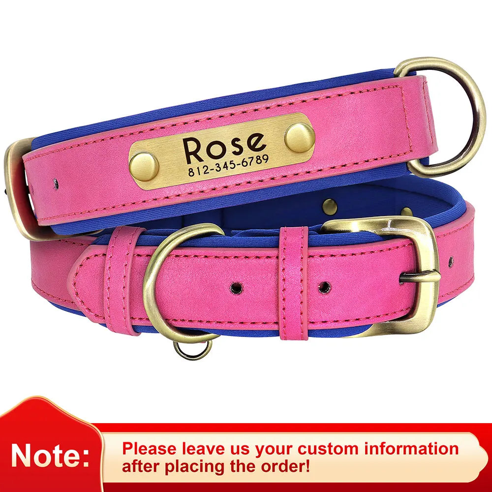 Customized Leather ID Nameplate Dog Collar Soft Padded Dogs Collars Free Engraving Name for Small Medium Large Dogs Adjustable Ditzy Petunia
