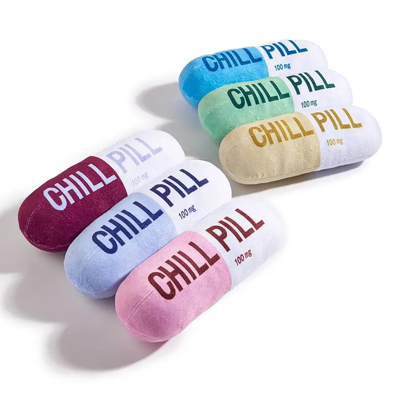 Vocal Pet Plush Toy - Chill Pill Capsule Shape, Bite Resistant Fabric, Built-in BB Vocal Sound