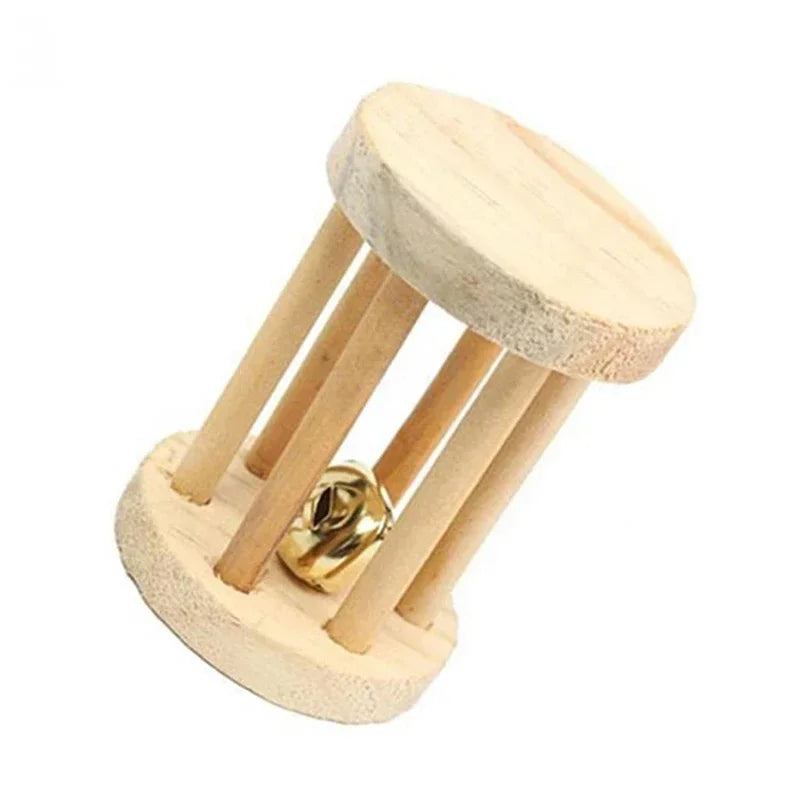 Natural Wooden Rabbit Roller & Chew Toys | Pine Dumbbells & Bell Roller for Small Pets