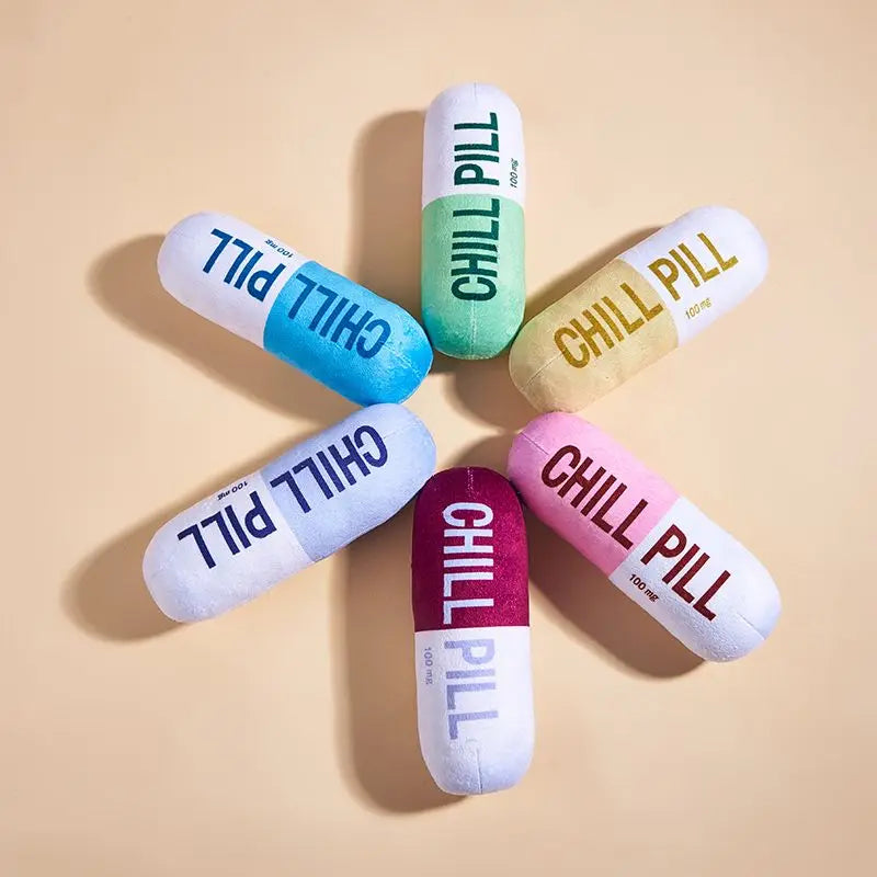 Vocal Pet Plush Toy - Chill Pill Capsule Shape, Bite Resistant Fabric, Built-in BB Vocal Sound