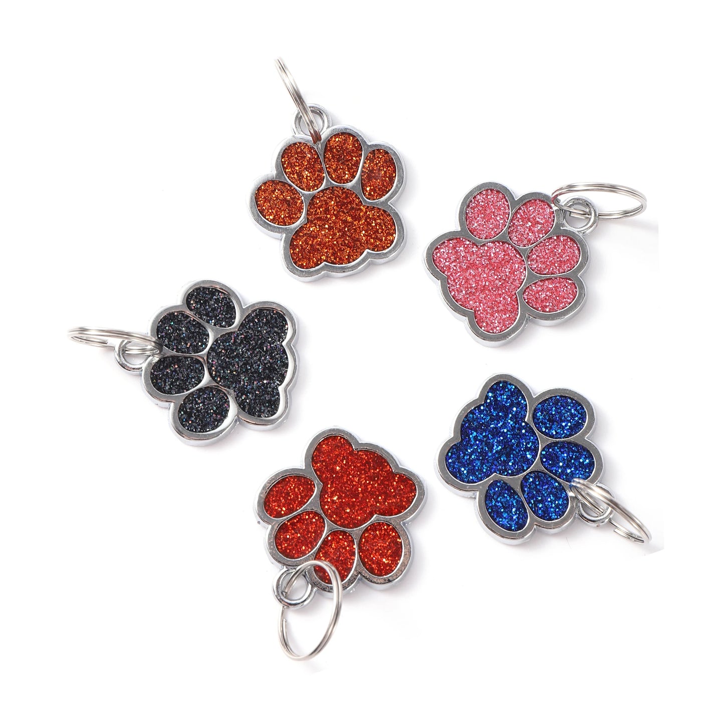 Custom Engraved Paw-Shaped Pet ID Tag โ Reflective Glitter Name Tags for Dogs & Cats