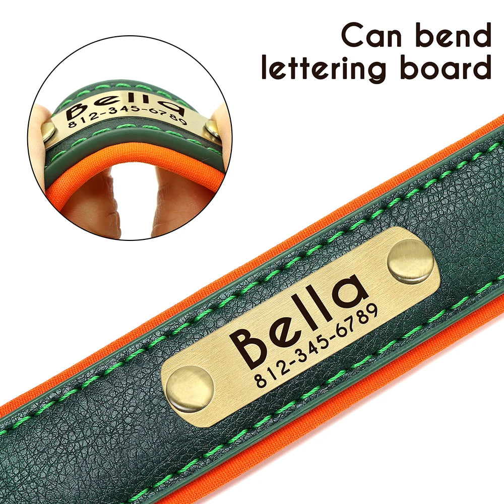 Customized Leather ID Nameplate Dog Collar Soft Padded Dogs Collars Free Engraving Name for Small Medium Large Dogs Adjustable Ditzy Petunia