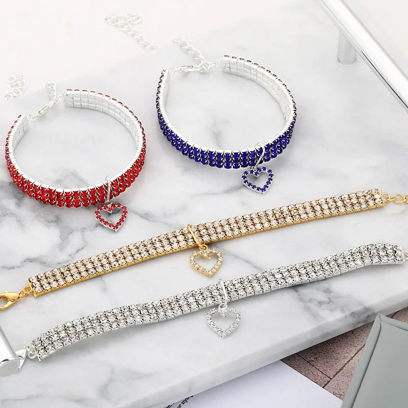 Elegant Rhinestone Pet Collar with Heart Pendant – Adjustable Jeweled Dog & Cat Necklace