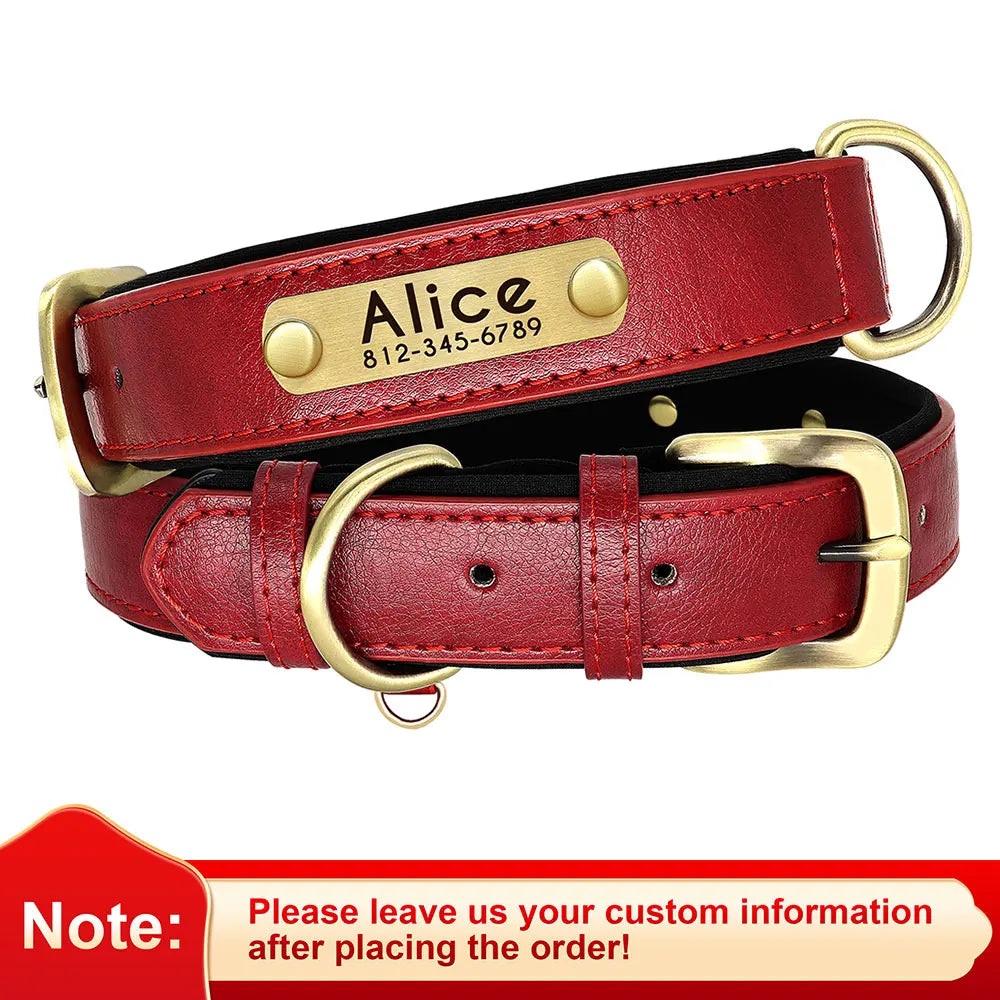 Customized Leather ID Nameplate Dog Collar Soft Padded Dogs Collars Free Engraving Name for Small Medium Large Dogs Adjustable Ditzy Petunia