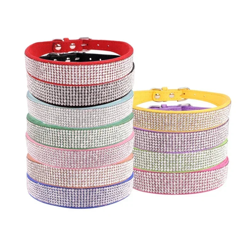 Suede Fiber Crystal Dog Collar - Rhinestone Jeweled Adjustable Collar for Small Dogs & Cats