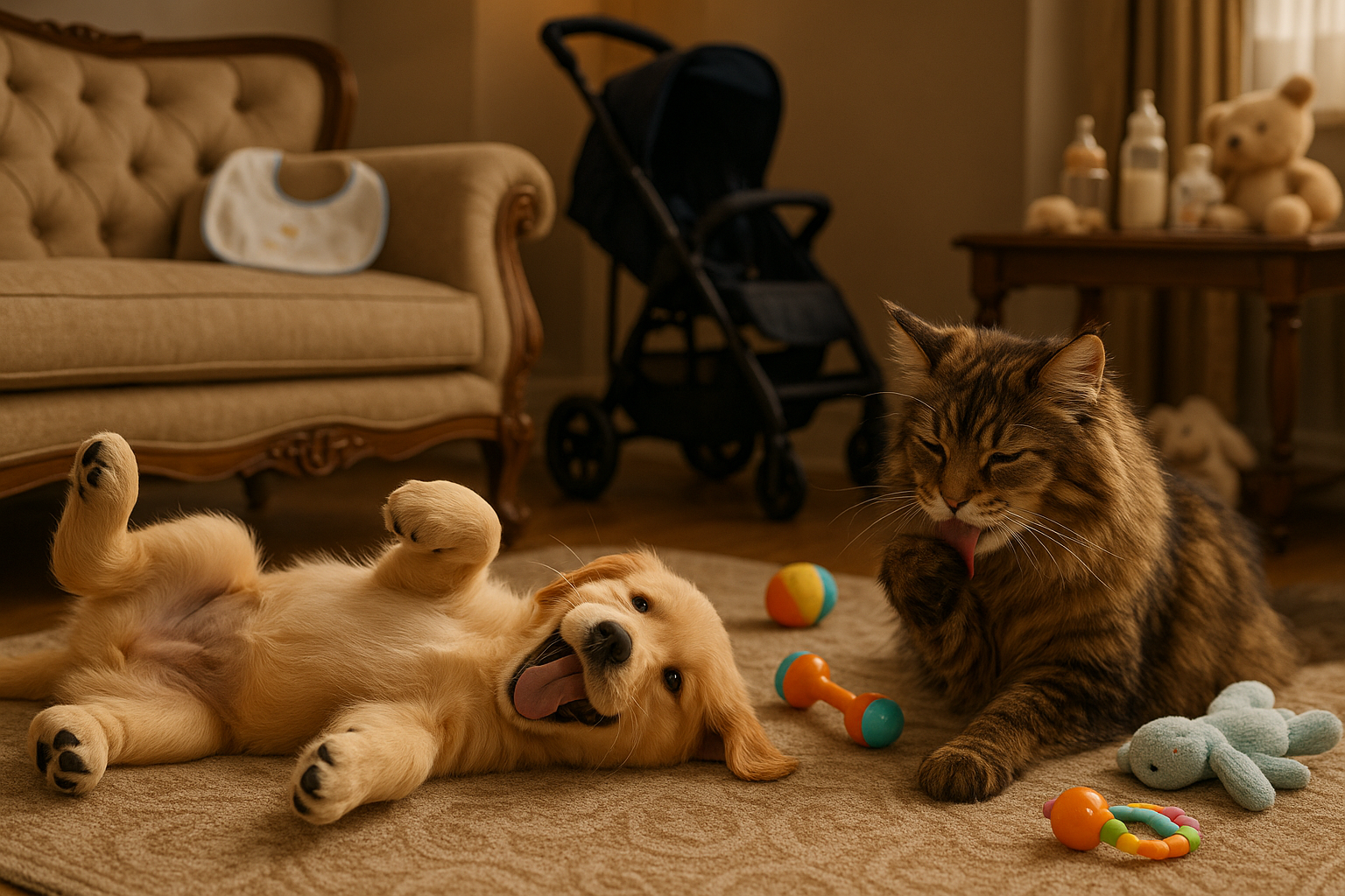 A golden retriever puppy is lying on it's back rolling around playfully with it's tongue hanging out. Next to the brown puppy is an adult Maincoon cat licking it's paw. The background is a luxurious livingroom with pet toys strewn on the floor and a baby stroller in the corner of the room. There is a baby bib on the sofa and other baby related items around in the background.