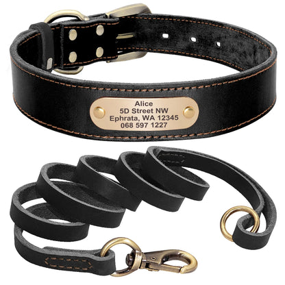 Personalized Genuine Leather Dog Collar & Leash Set – Adjustable & Durable for Small to Large Breeds