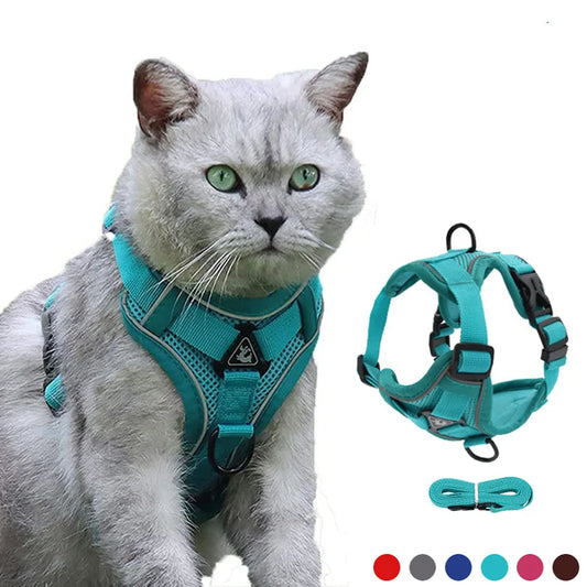 Reflective Padded Cat Harness with Ribbon Detail & Leash – Adjustable & Comfortable Nylon Vest for Cats