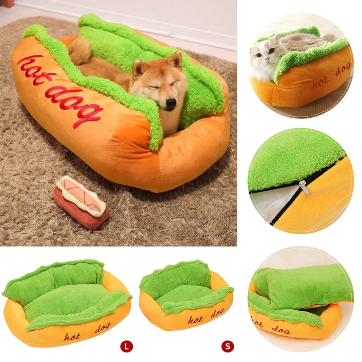 Hot Dog Dog Bed — Breathable Plush Washable Pet Sofa with Anti-Slip Base