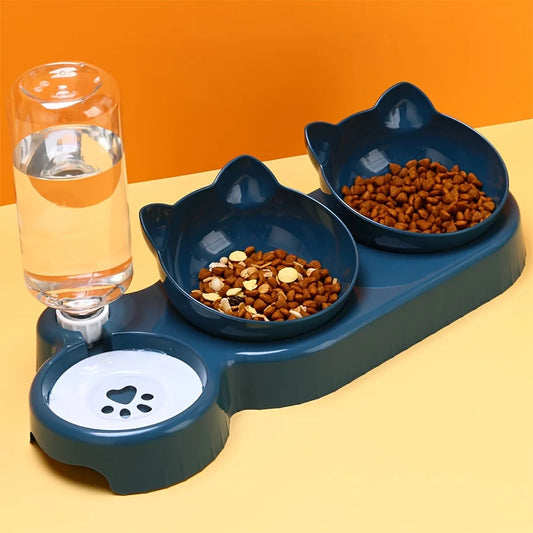 3-in-1 Tilted Cat Bowl Set with Gravity Water Feeder – Neck-Friendly Elevated Design