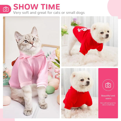 Soft Warm Dog Hoodie with Leash Hole & Bowtie – Fleece Lined Sweatshirt for Small Dogs & Cats, Fall Winter Pet Apparel