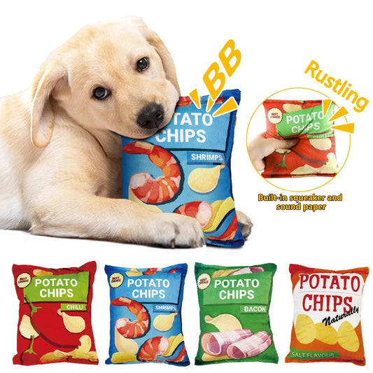 Funny Dog Crisps Squeaky Toys — Plush Snack-Shaped Chew Toys for Small to Medium Dogs