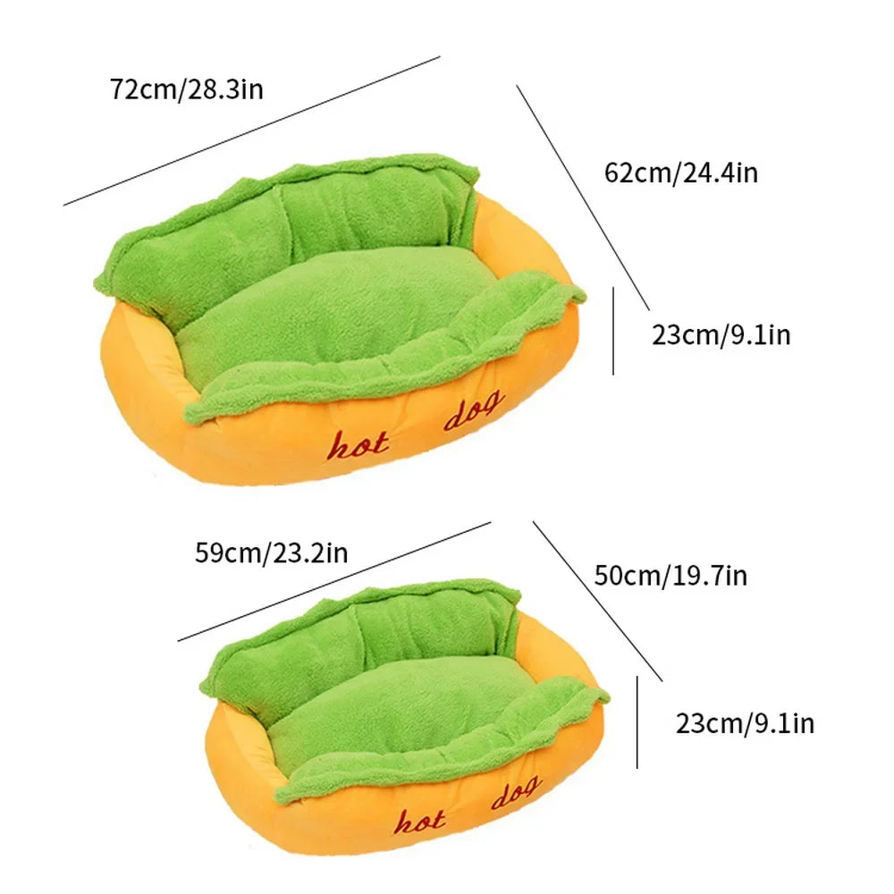Hot Dog Dog Bed — Breathable Plush Washable Pet Sofa with Anti-Slip Base