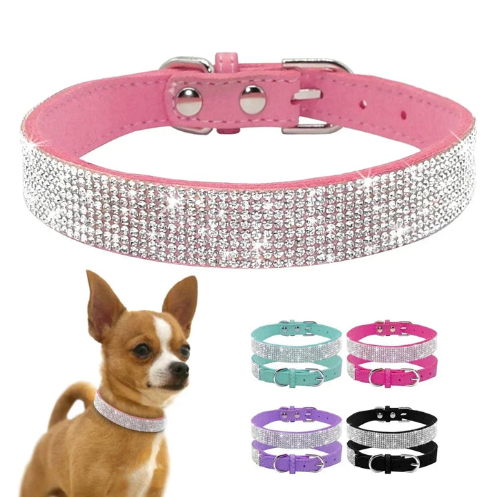 Suede Fiber Crystal Dog Collar - Rhinestone Jeweled Adjustable Collar for Small Dogs &amp; Cats - Ditzy Petunia