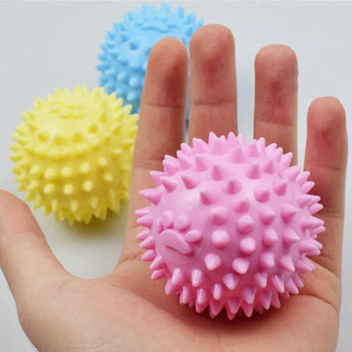 interactive, indestructible nature of the ball and its suitability for both small and large dogs and cats, tooth-cleaning function and use as a pet accessory.

