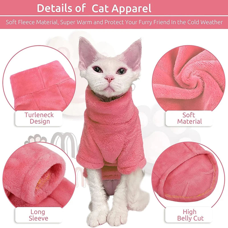 Turtleneck Cat Sweater Coat - Warm Fleece Winter Clothes for Hairless Cats &amp; Small Dogs Ditzy Petunia