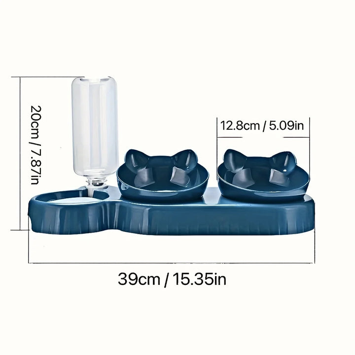 3-in-1 Tilted Cat Bowl Set with Gravity Water Feeder – Neck-Friendly Elevated Design - Ditzy Petunia