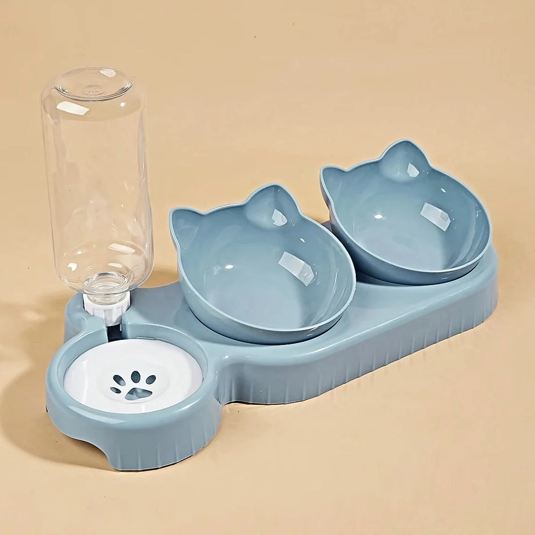 3-in-1 Tilted Cat Bowl Set with Gravity Water Feeder – Neck-Friendly Elevated Design - Ditzy Petunia