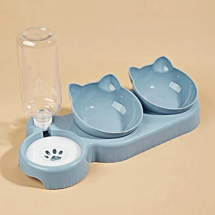 3-in-1 Tilted Cat Bowl Set with Gravity Water Feeder – Neck-Friendly Elevated Design - Ditzy Petunia