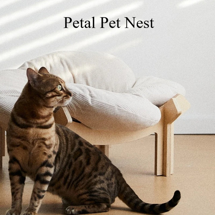 Breathable Wooden Cat Bed with Petal Cushion – Birch Board Pet Nest - Ditzy Petunia
