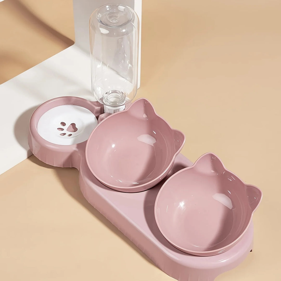 3-in-1 Tilted Cat Bowl Set with Gravity Water Feeder – Neck-Friendly Elevated Design - Ditzy Petunia