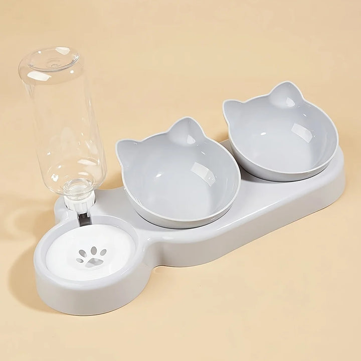 3-in-1 Tilted Cat Bowl Set with Gravity Water Feeder – Neck-Friendly Elevated Design - Ditzy Petunia