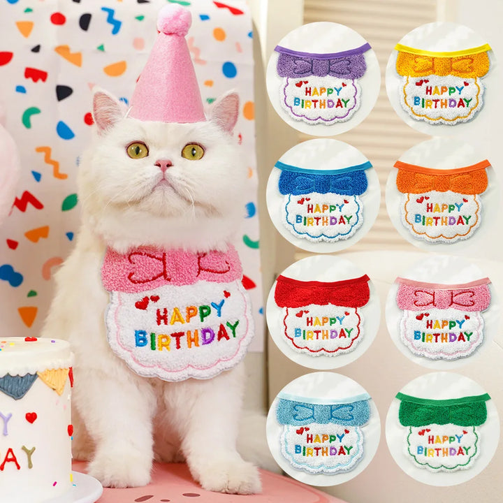 Pet Birthday Hat &amp; Scarf Set – Adjustable Cat/Dog Birthday Supplies with Mini Saliva Towel - Ditzy Petunia